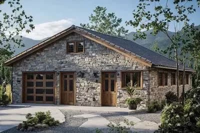 Craftsman-Inspired Stone Garage House Plan with Vaulted Bay and Workshop