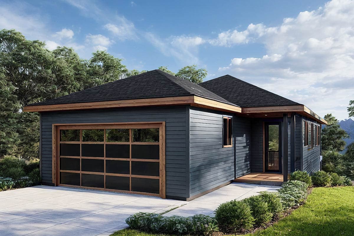 House plan exterior with modern style, one story, and a glass garage door. Features include wood trim, a low-sloped roof, and covered porch.