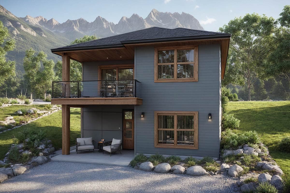 Two-story Modern house plan exterior with wood trim, second-floor balcony, and prominent roof overhangs.