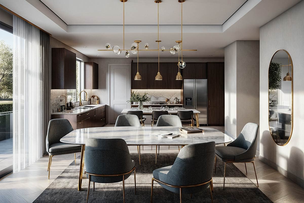 Interior rendering of a modern dining area and kitchen with dark wood cabinetry, marble island, and contemporary pendant lights.