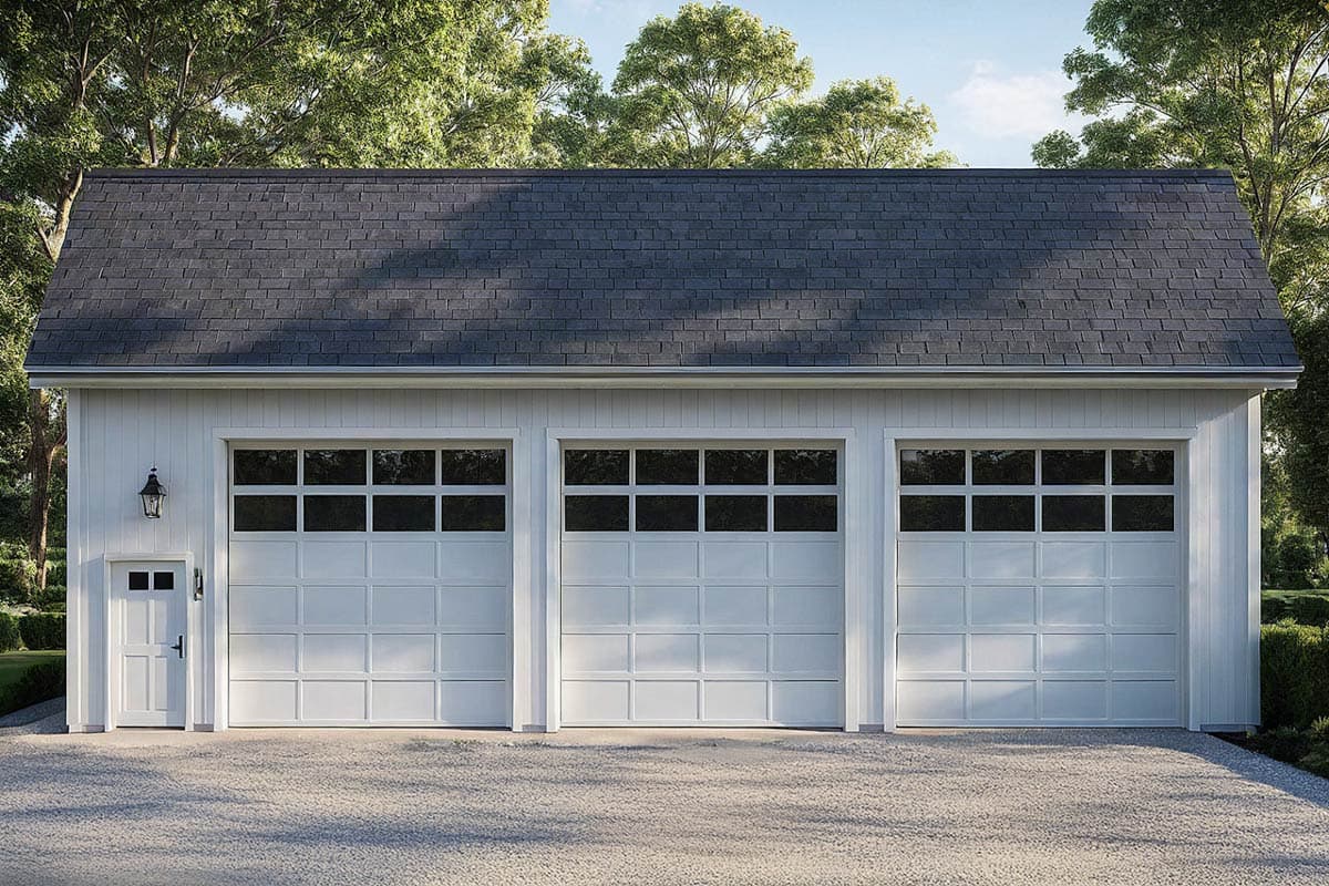 House plan exterior featuring a detached garage with three bays, a gable roof, paneled garage doors, and a small entry door.