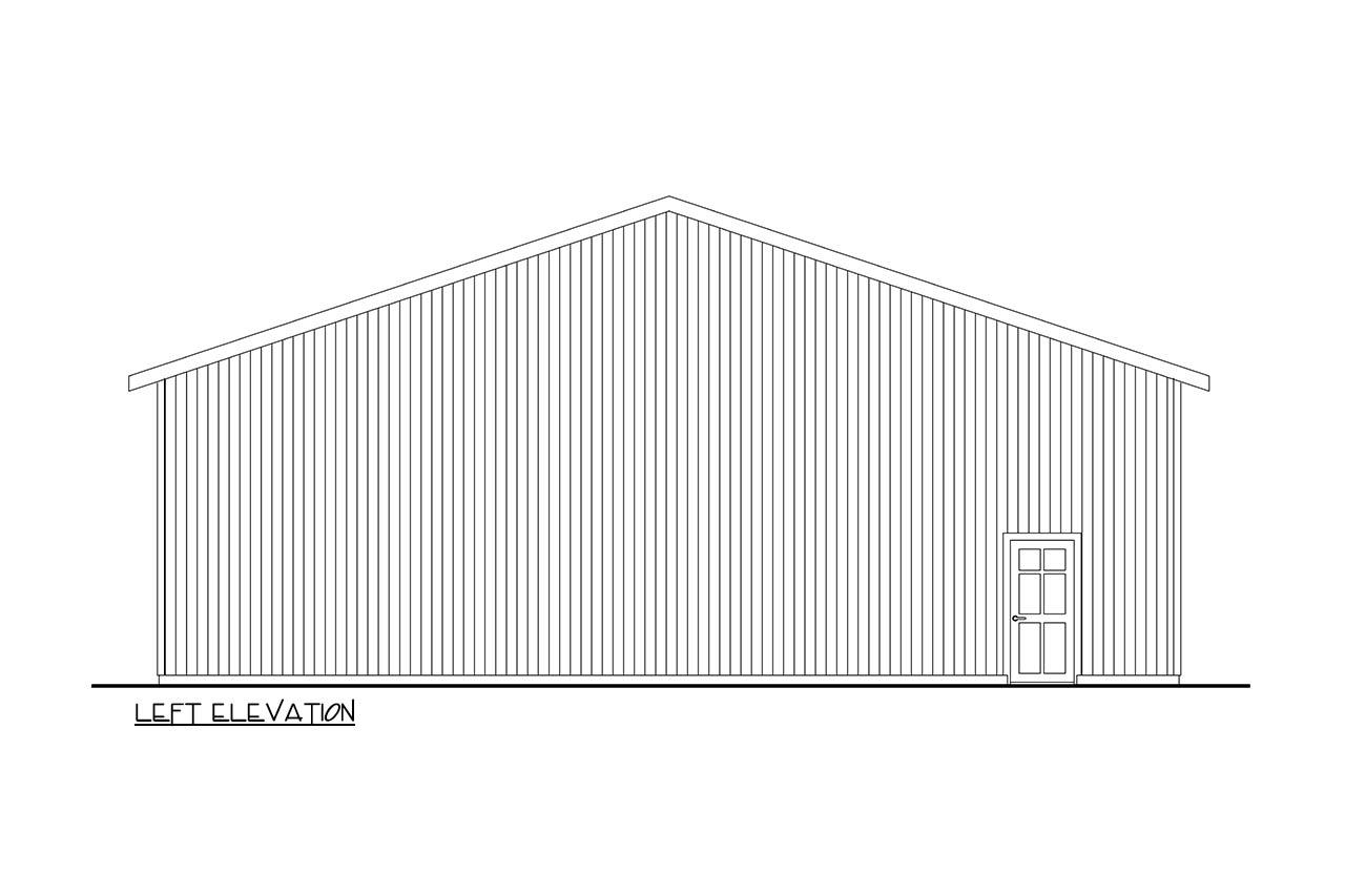 Left elevation drawing of a house plan with a simple gable roof and a single door on the right side.