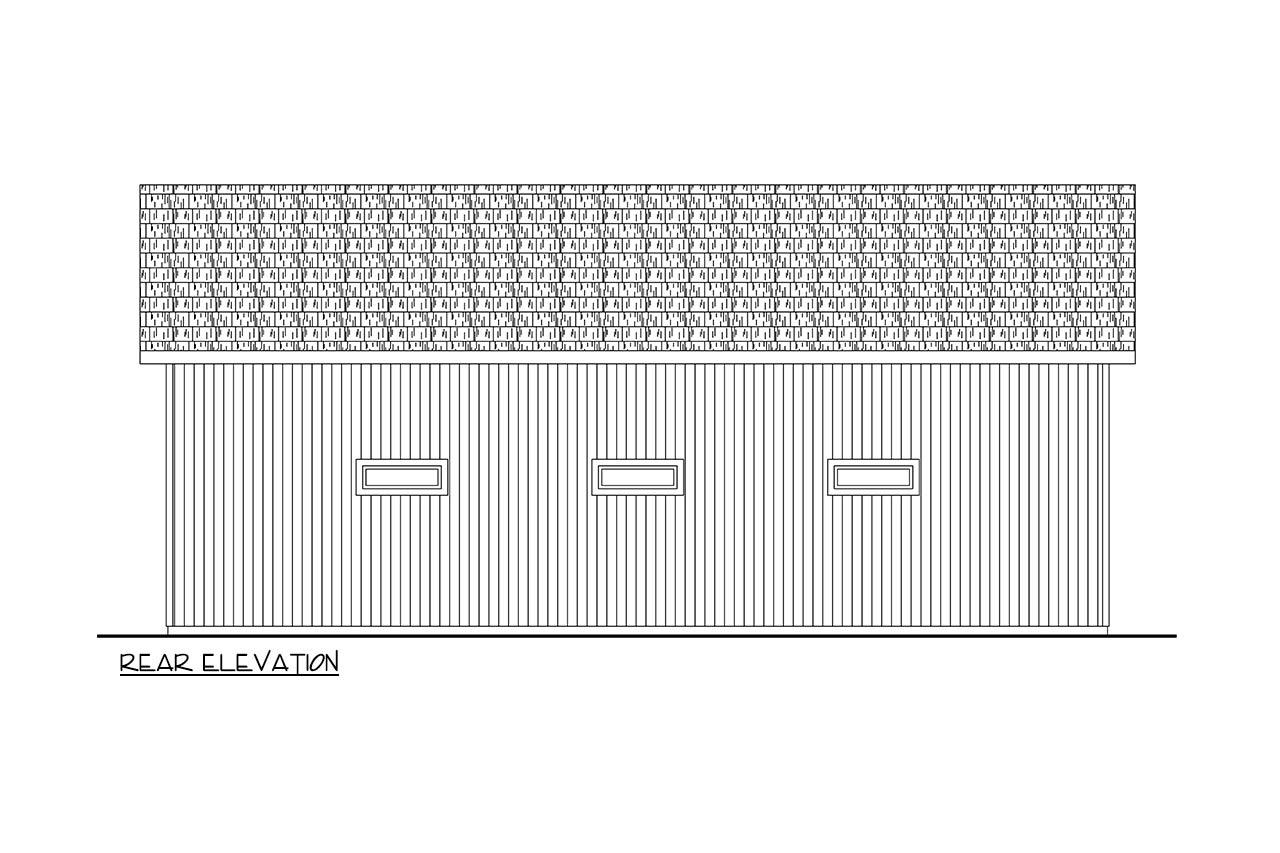 Rear elevation drawing of a house with vertical siding, a shingled roof, and three horizontal windows.