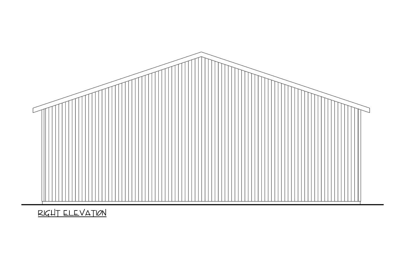 Right elevation drawing of a house plan with a gabled roof and vertical siding.