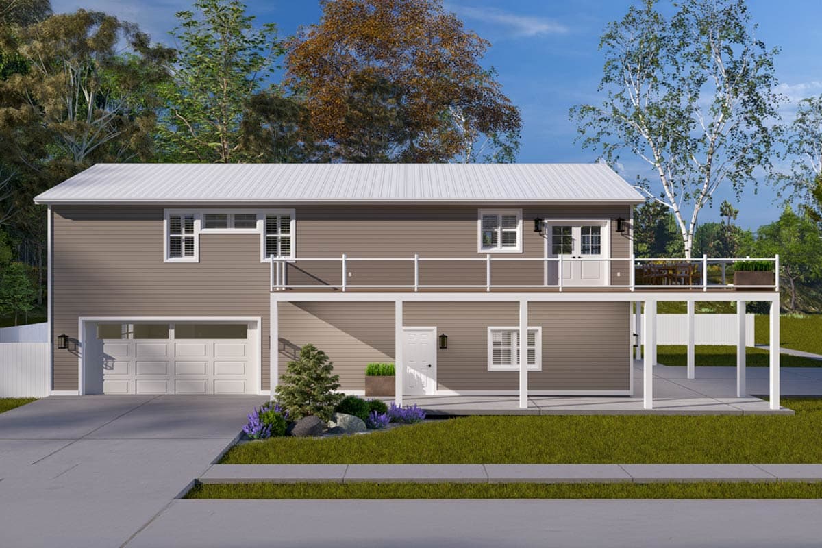 House plan exterior with two stories. Features include a metal roof, balcony, and attached garage. Exterior has horizontal siding.