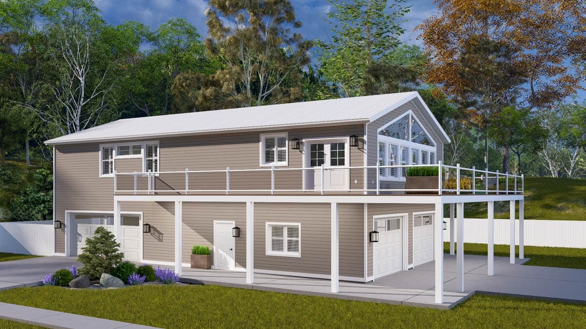 House plan exterior: two-story Modern Farmhouse with wrap-around deck, A-frame window, and two-car garage.