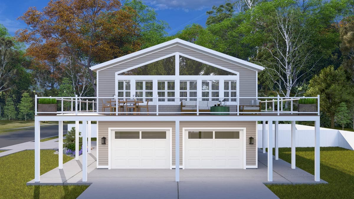 House plan exterior: Two-story structure with a double garage, elevated deck, and prominent triangular window.