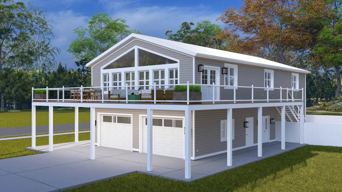 House plan exterior with two garage doors, elevated deck with railing, and large gabled window.