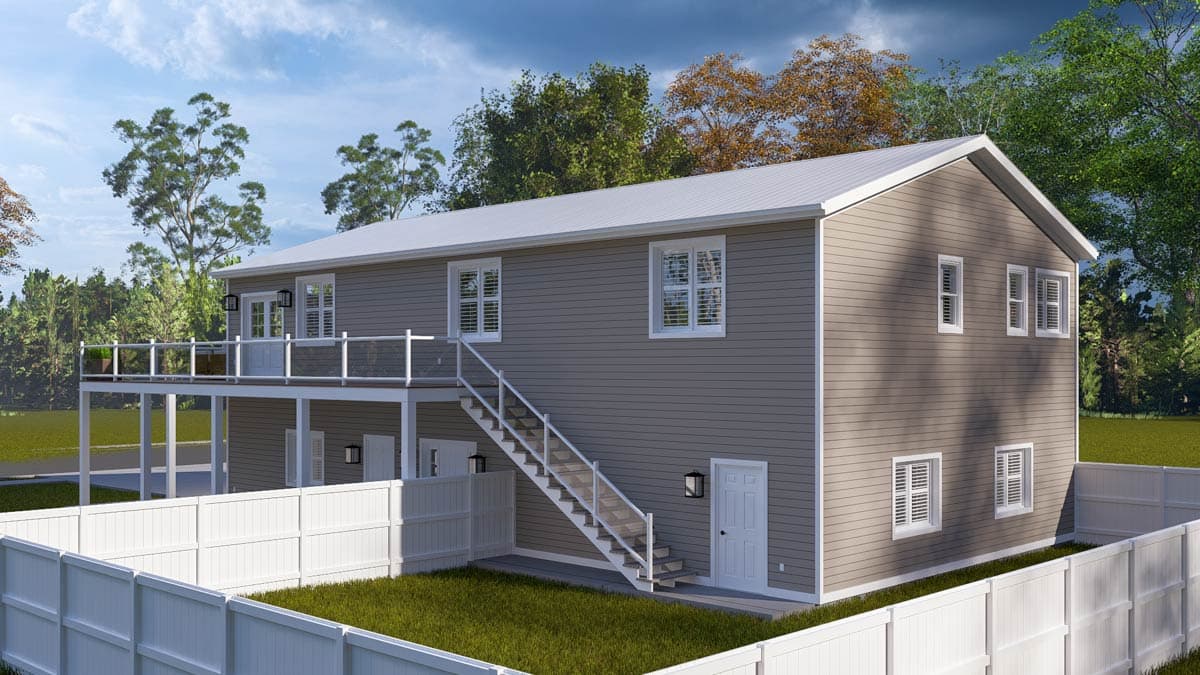 House plan exterior, two stories, vinyl siding, gabled roof, deck with glass railings, and exterior stairs.