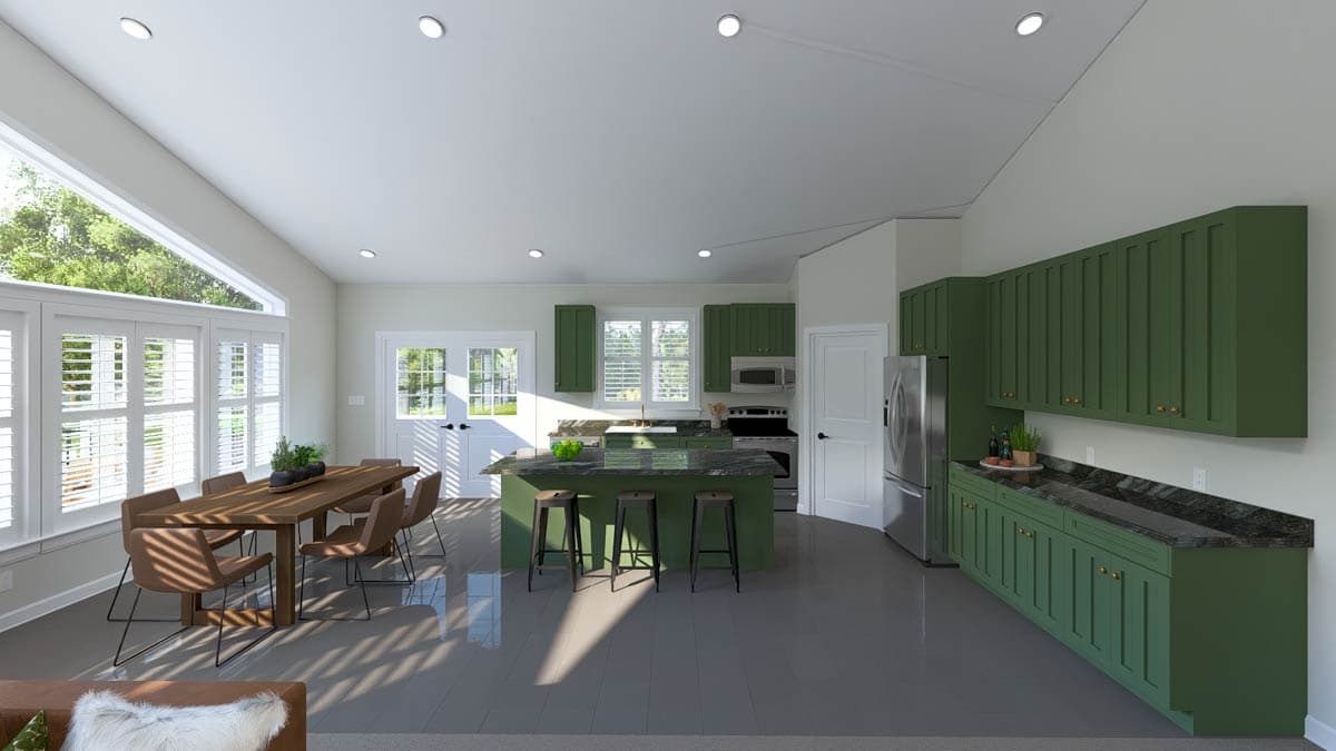 Interior rendering of an open-concept kitchen and dining area with green cabinets, island, and vaulted ceiling.
