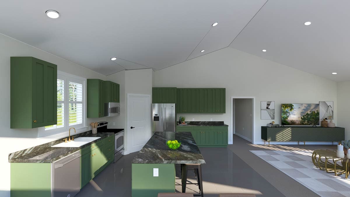 Interior rendering of a kitchen with green cabinetry, island, and an open-concept great room with vaulted ceilings.