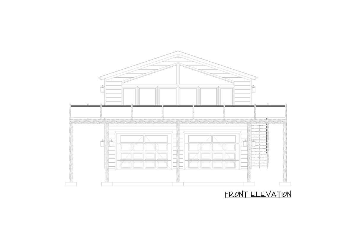 Front elevation drawing of a house plan featuring two garage doors, a deck, and upper-level windows.