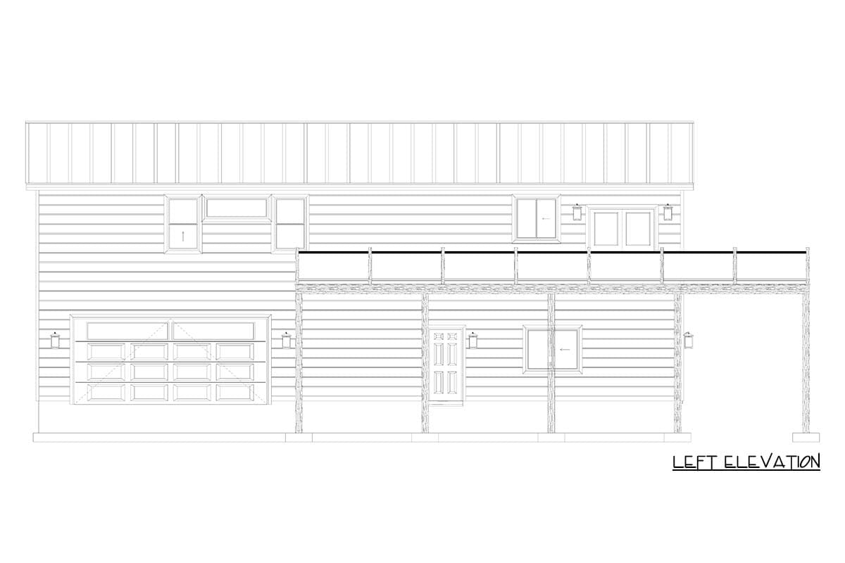Left elevation drawing of a two-story house plan with a metal roof, garage door, porch, and second-floor deck.
