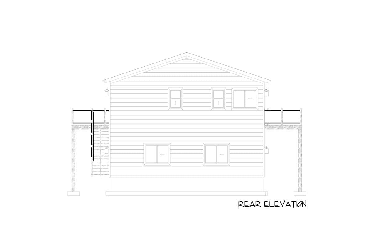 Rear elevation drawing of a two-story house with horizontal siding, upper and lower windows, and a rear deck with stairs.