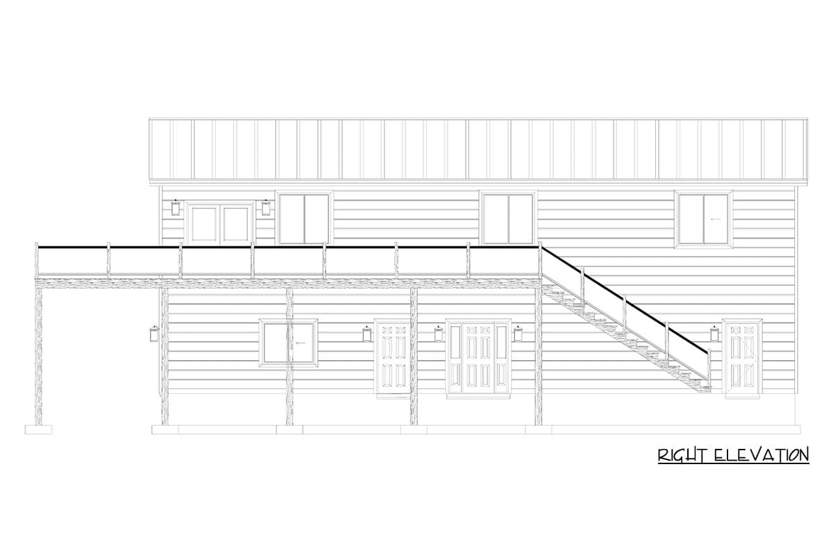 Right elevation house plan showing two stories, a second-floor balcony, and exterior stairs leading to the main level with two doors.