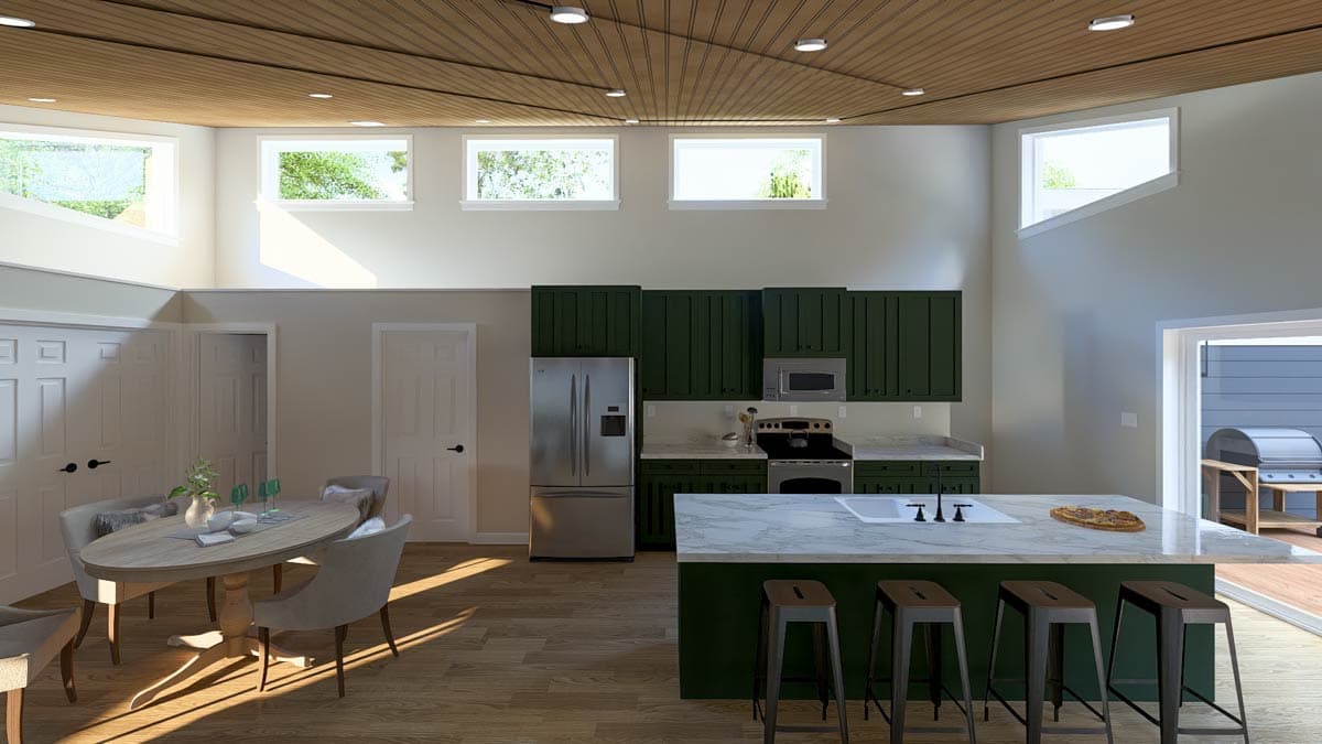 Interior rendering of a kitchen with dark green cabinetry, stainless steel appliances, island with seating, and a dining area.
