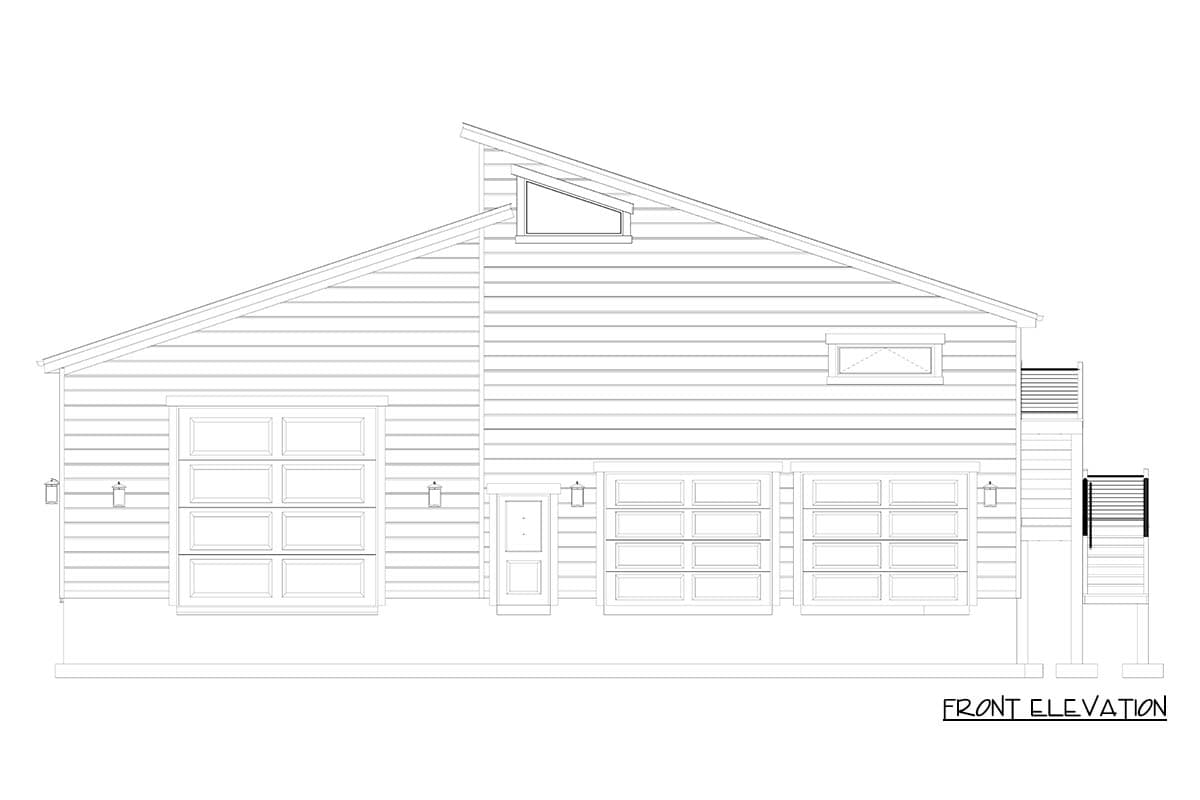Front elevation of a house plan featuring a prominent asymmetrical roofline, three garage doors, and a central entry.