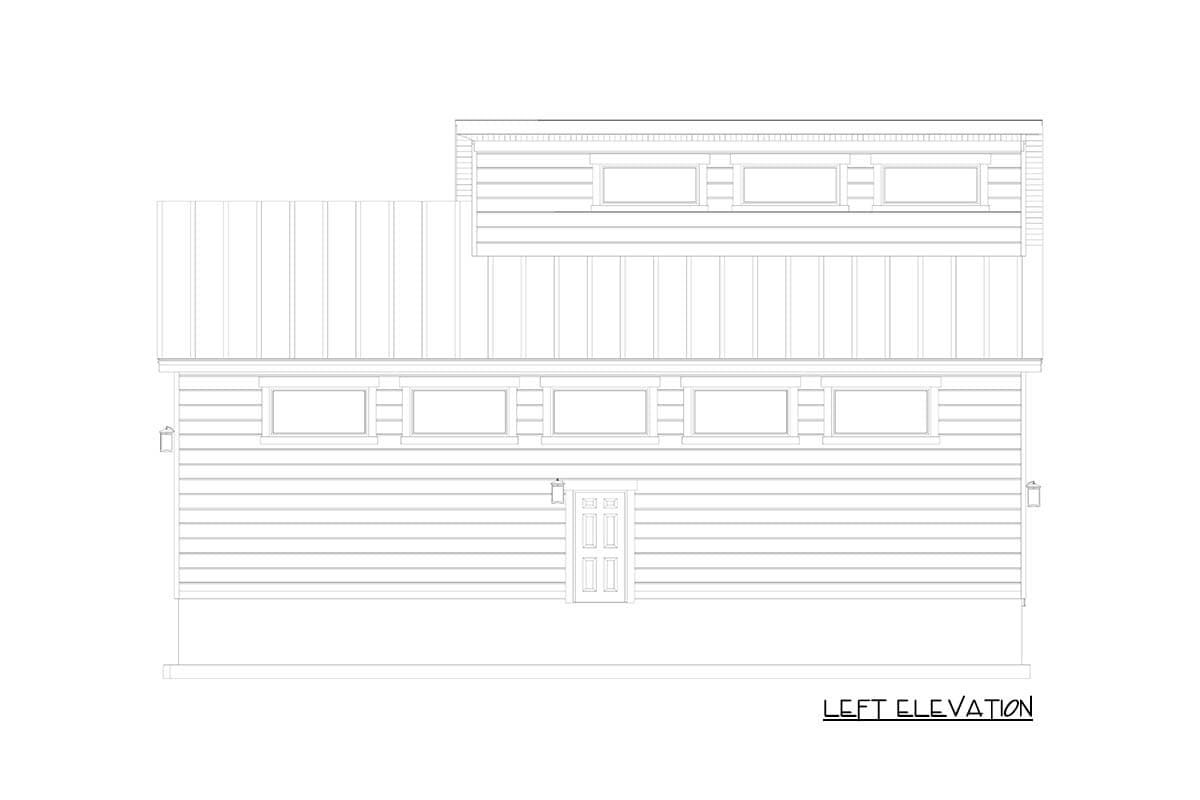 Left elevation drawing of a two-story house with horizontal siding, a metal roof, and a double door entrance.