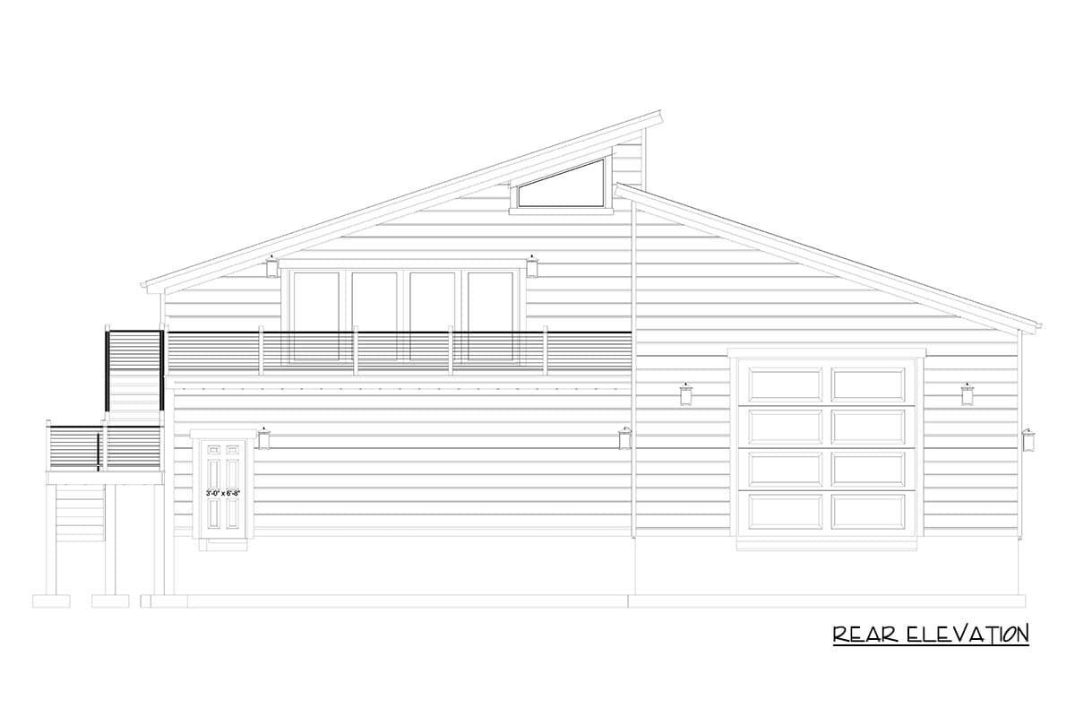 Rear elevation drawing of a modern house with a sloped roofline, balcony, and glass garage door.