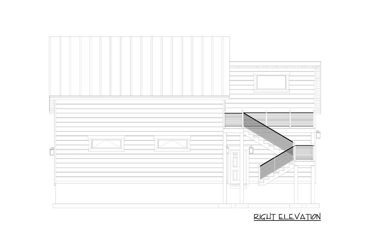 Right elevation drawing of a house plan with horizontal siding, gabled roof, and exterior stairs with railings.