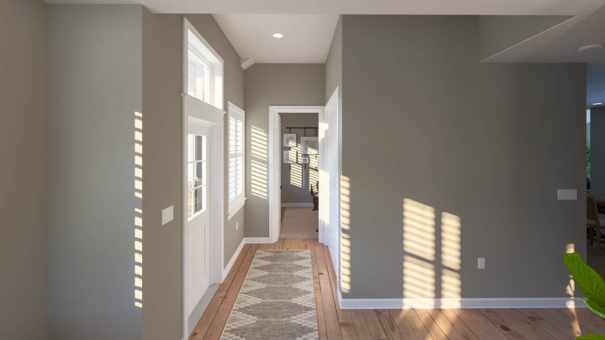Interior rendering of a hallway with a front door, windows, and natural light streaming through blinds.