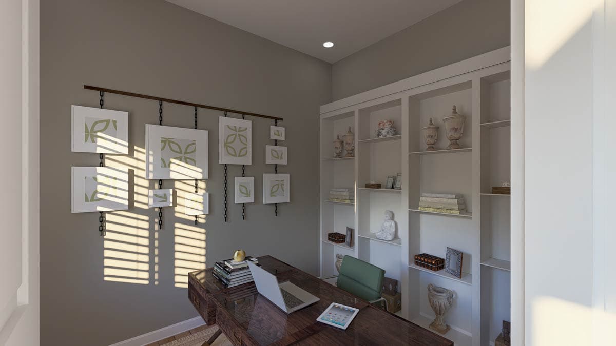 Home office rendering with a desk, laptop, tablet, and built-in shelves filled with books and decor.