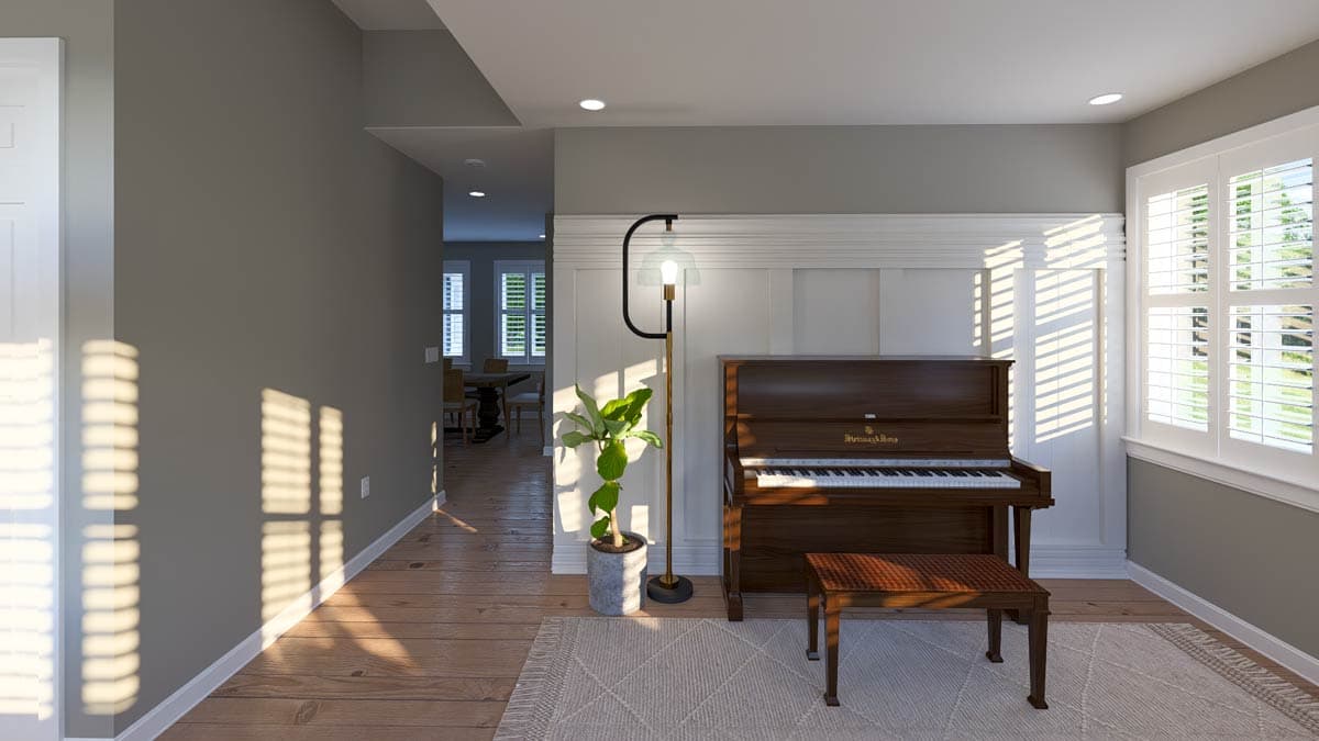 Interior rendering showing a piano, plant, and dining area visible through an opening. Sunlight casts shadows through plantation shutters.