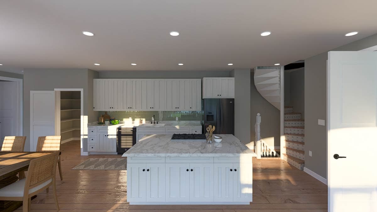 Open-concept kitchen with island, white cabinets, backsplash, and spiral staircase.