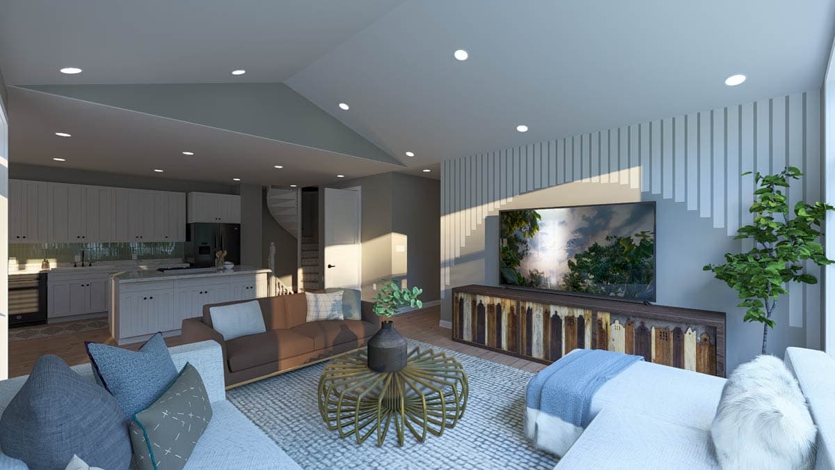 Interior rendering of a living room and kitchen with vaulted ceilings, a kitchen island, and a media console with a television.