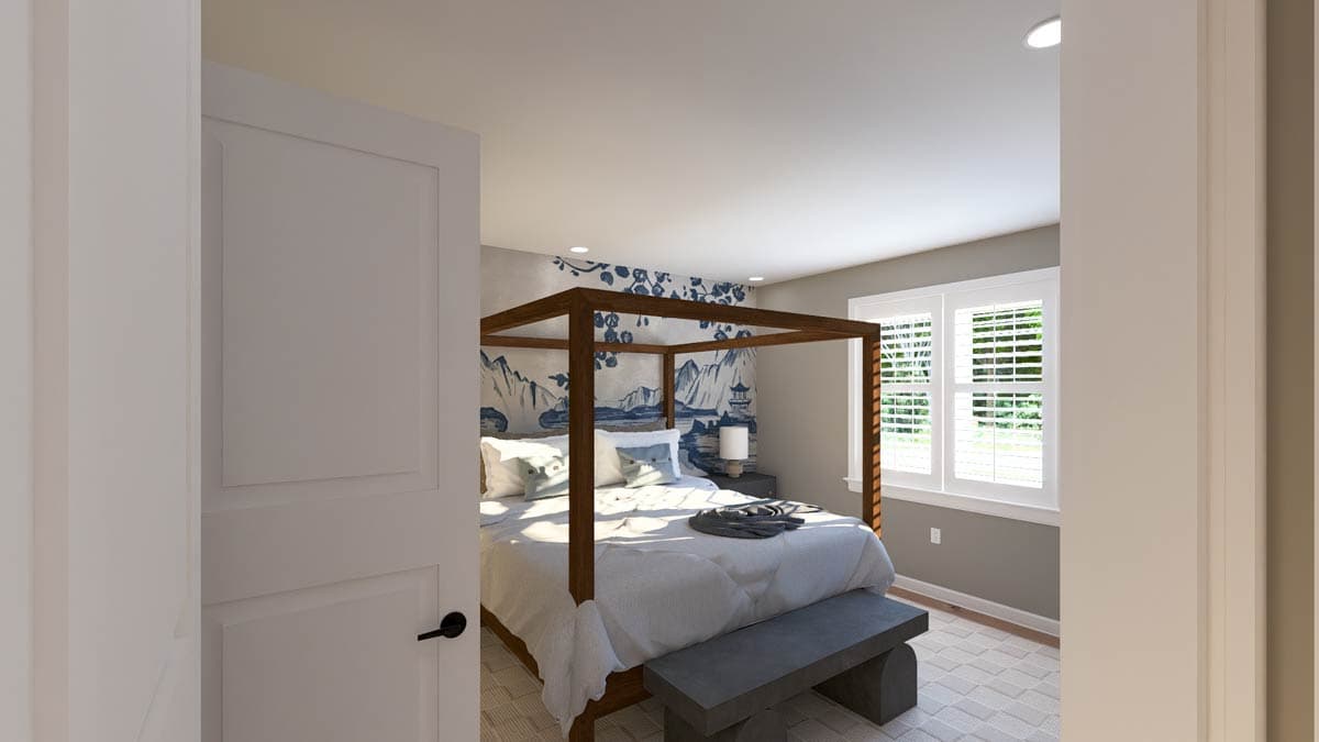 Bedroom rendering with four-poster bed, blue mountain mural wallpaper, and plantation shutters on windows.