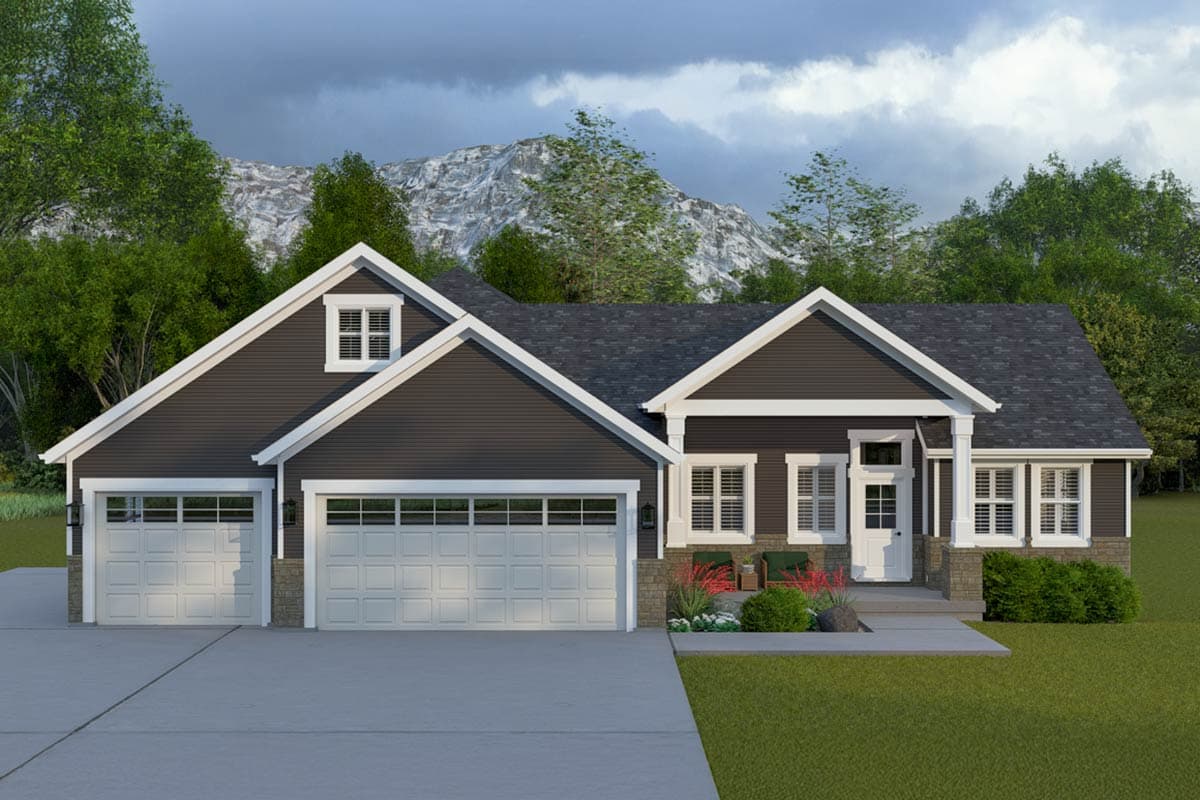 House plan exterior rendering. Features a Craftsman style, two-story home with gabled roof, two-car garage, and front entry porch with columns.