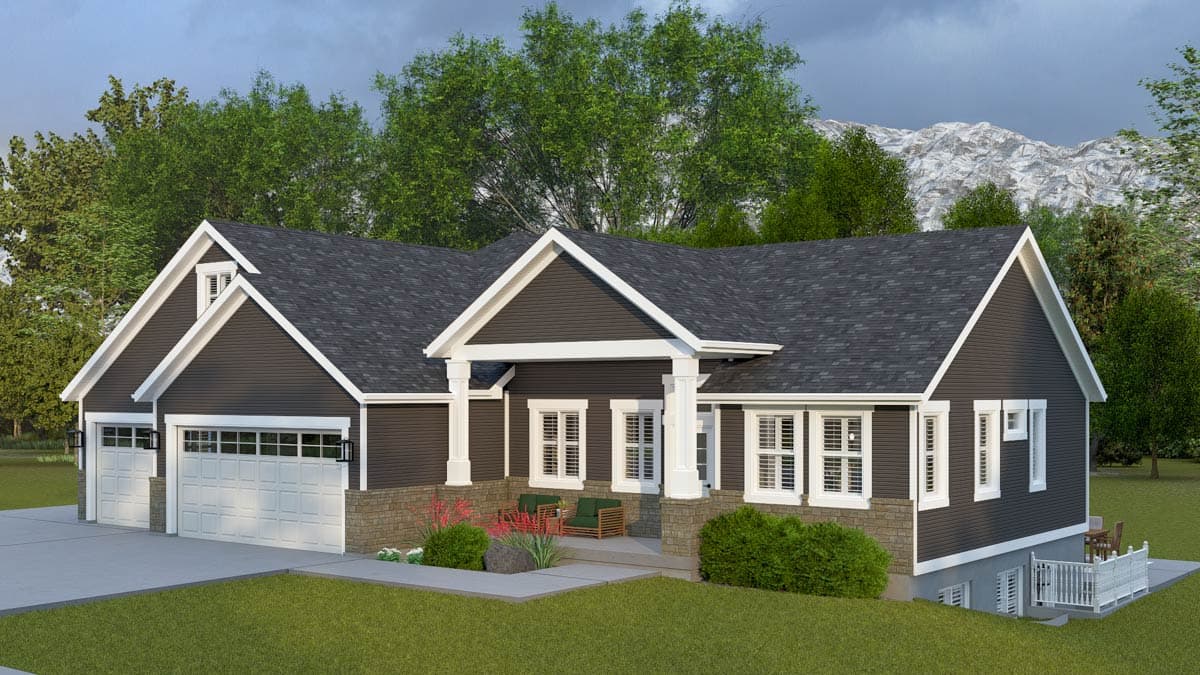 House plan exterior: Ranch-style with double garage, covered front porch, stone accents, and multiple gables.