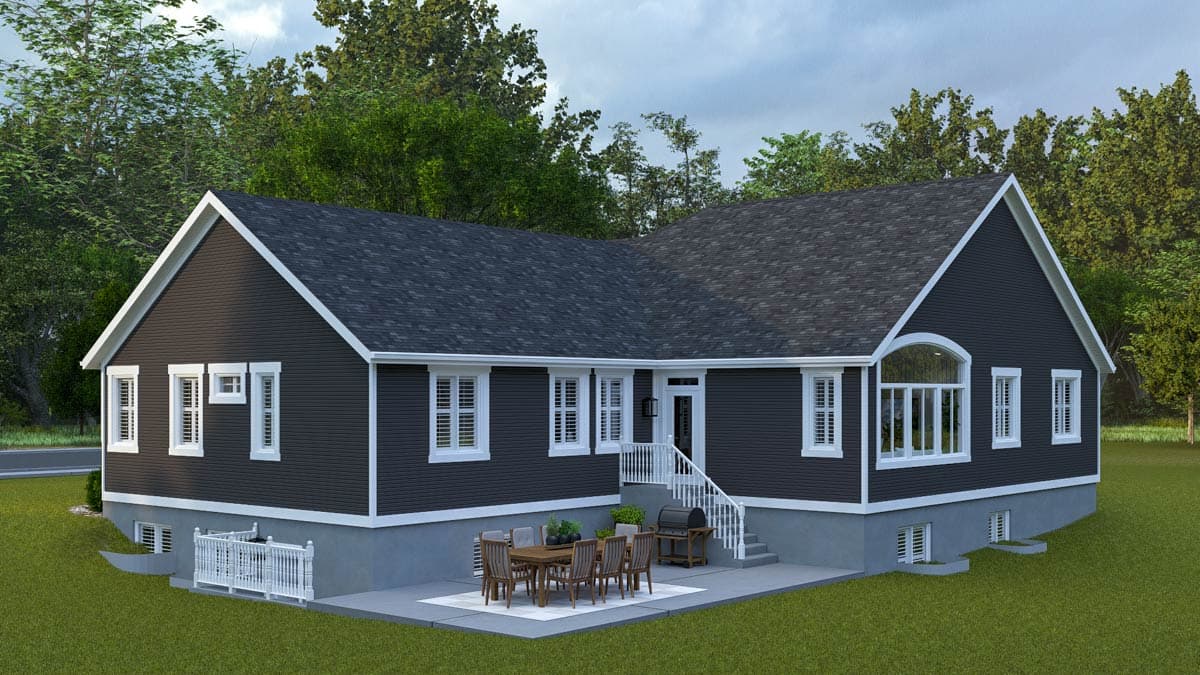 House plan exterior: Ranch-style, dark siding, white trim, prominent gables, arched window, and a side patio with outdoor dining.