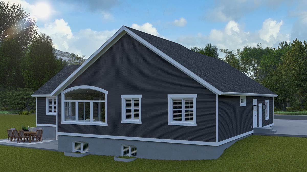 House plan exterior showing a dark gray vinyl-sided home with a prominent arched window and a rear patio with outdoor dining.