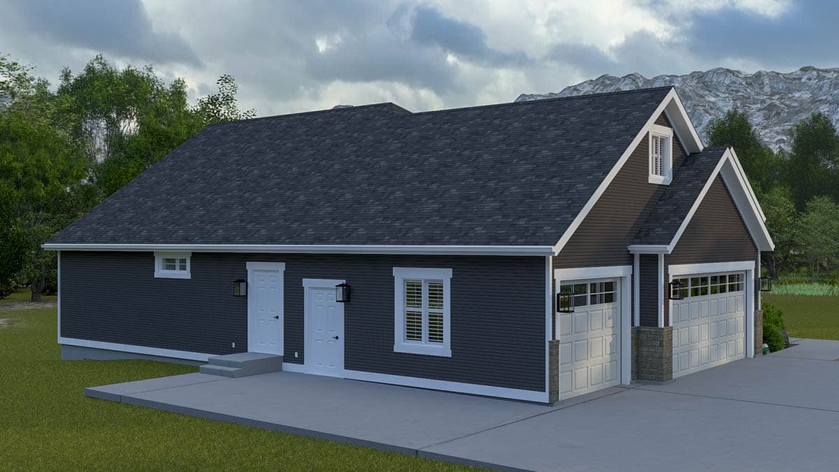 House plan exterior: One-story Modern Farmhouse with dual garage doors, gable dormer, and large adjacent concrete patio.