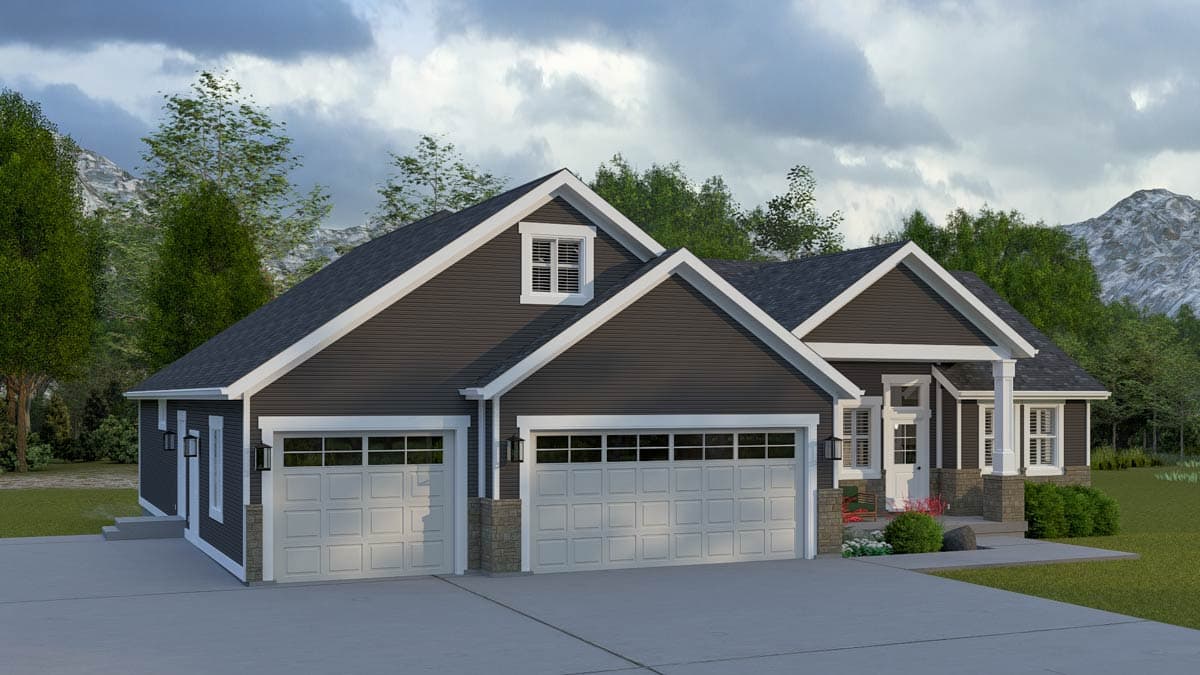 House plan exterior: Dark gray siding, gable dormer, covered front porch with columns, and a three-car garage.