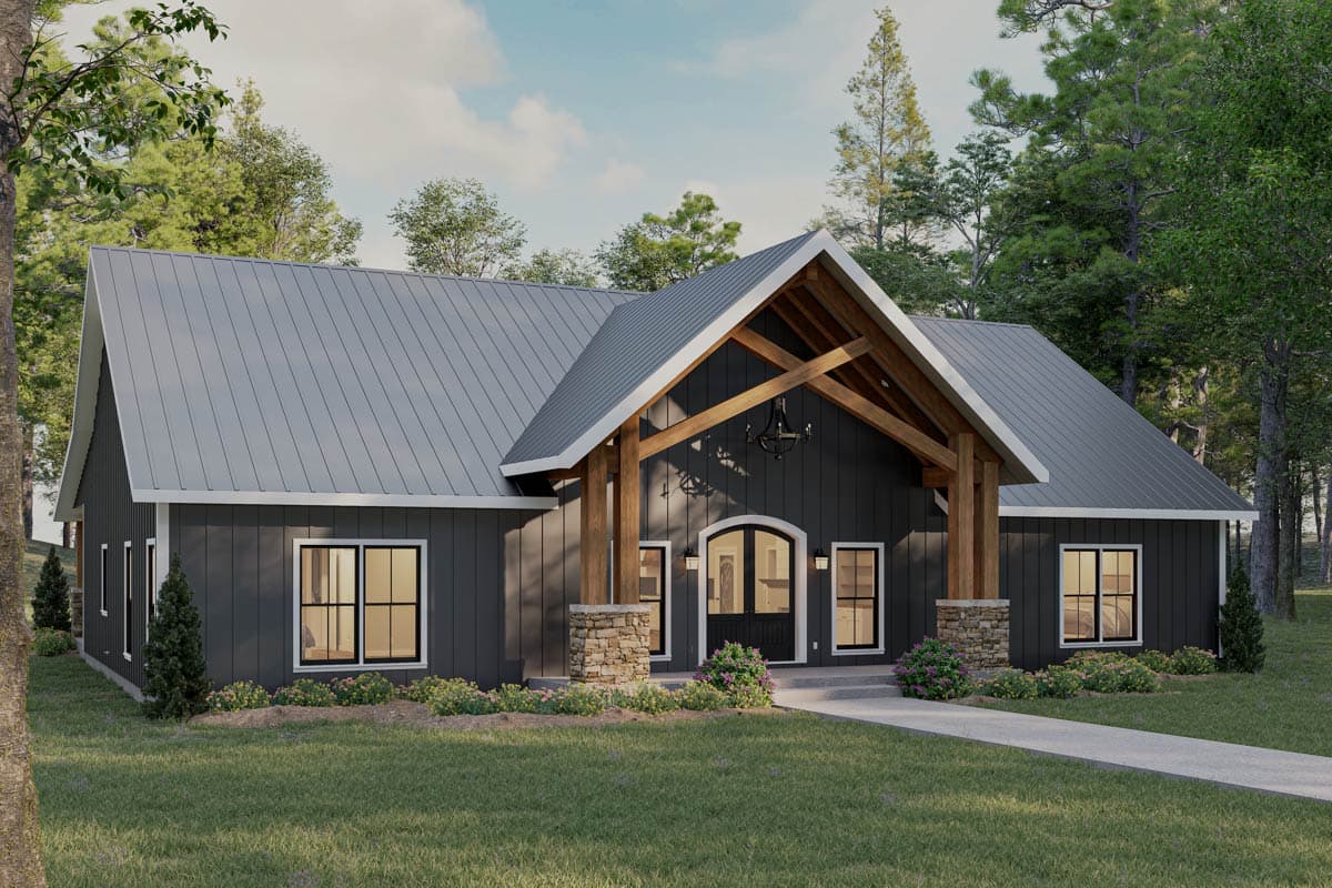 House plan exterior: Modern Farmhouse style, one story, with exposed timber beams, stone accents, and a metal roof.