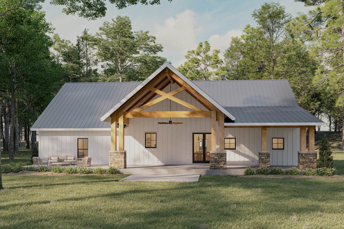 House plan exterior of a one-story Modern Farmhouse with a gabled roof, exposed timber framing, and stone-clad porch supports.