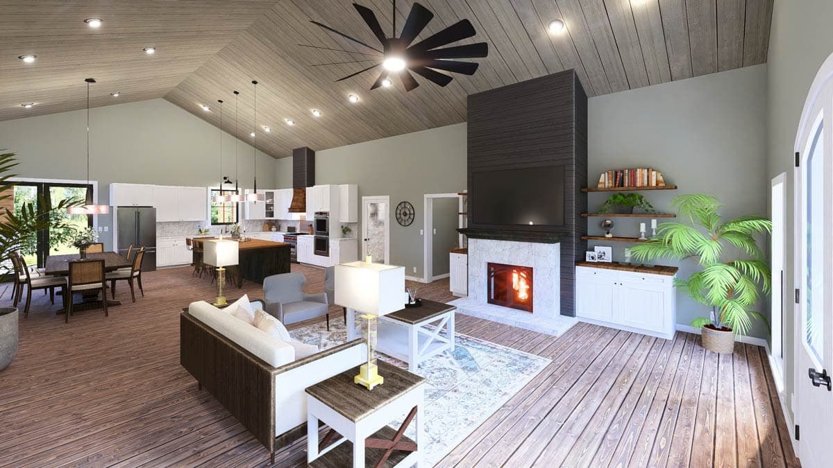 Interior rendering of an open-concept living and kitchen area with vaulted wood ceiling, fireplace, and island.