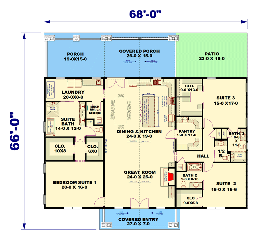 Plan 25069DH: Modern Craftsman House Plan with Expansive Porches and Split Bedrooms - Floor Plan - Main Level - Craftsman, Mountain, New American