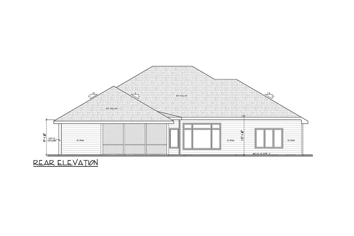 Rear elevation house plan showing hip roof, screened porch with columns, bay window, and horizontal siding.