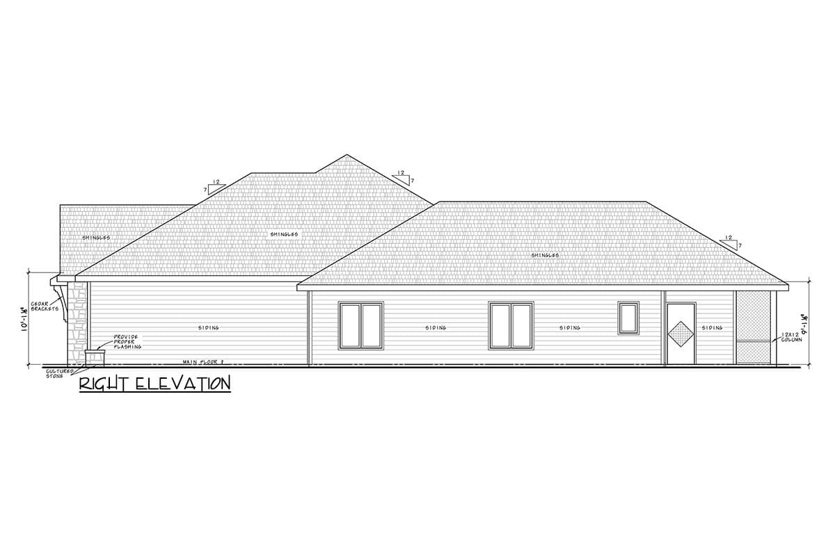 Architectural design right elevation for a single-story house with siding, cultured stone, and a screened porch.