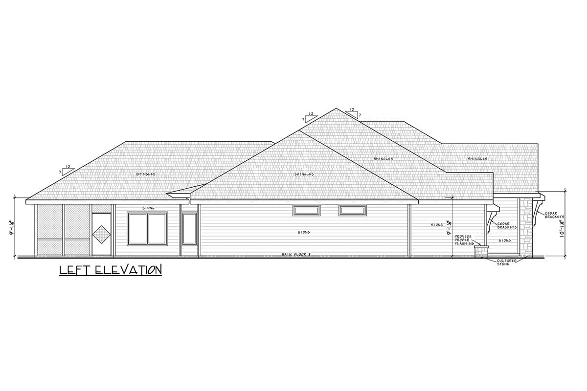 Left elevation of a house plan showing a screened porch, siding, and cultured stone accents.