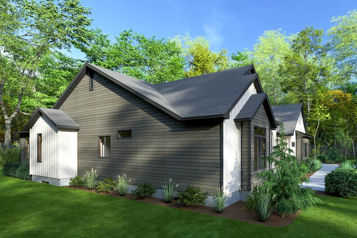 House plan exterior rendering showing a modern style with dark horizontal siding, white vertical siding accents, and asymmetrical gabled rooflines.