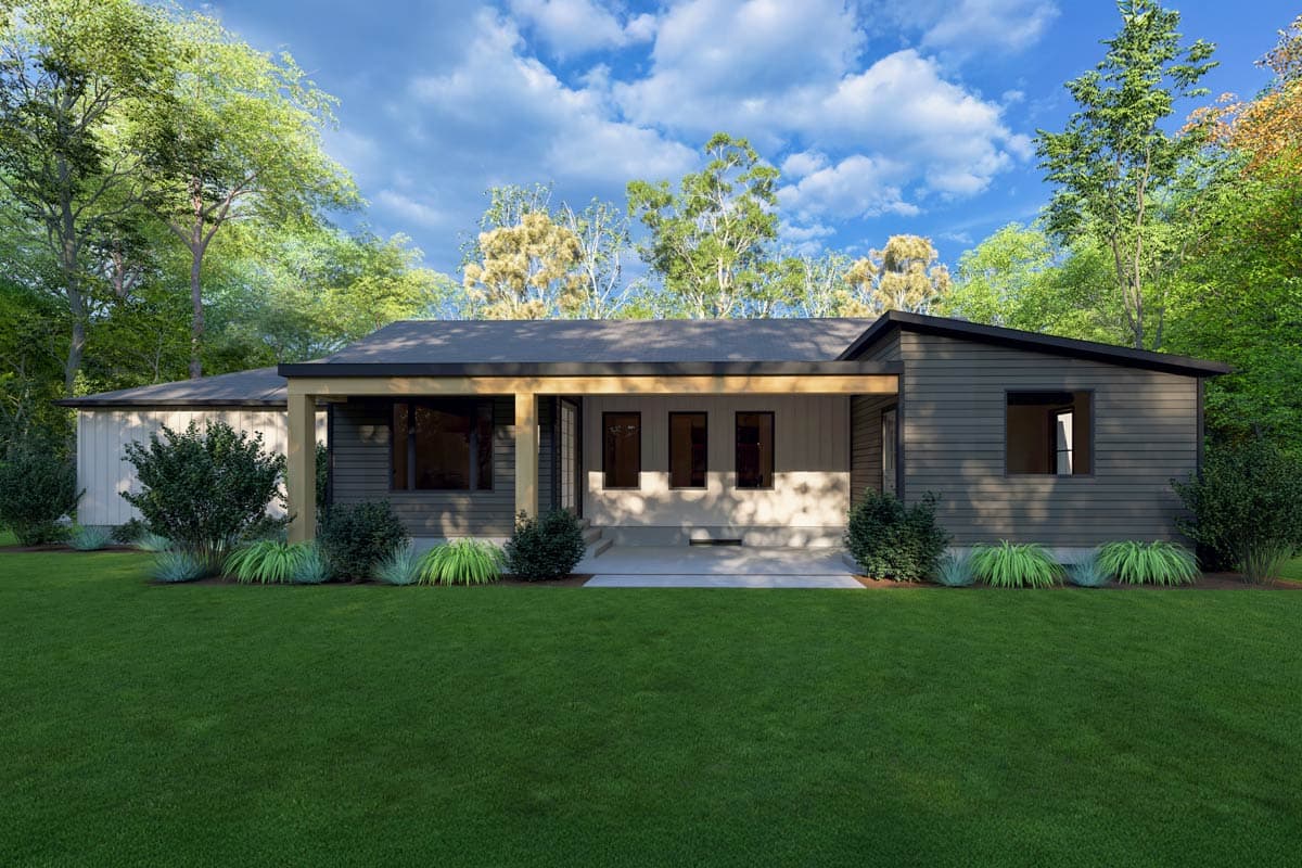 Modern single-story house plan exterior with a covered entry, horizontal siding, and a low-slope roofline.