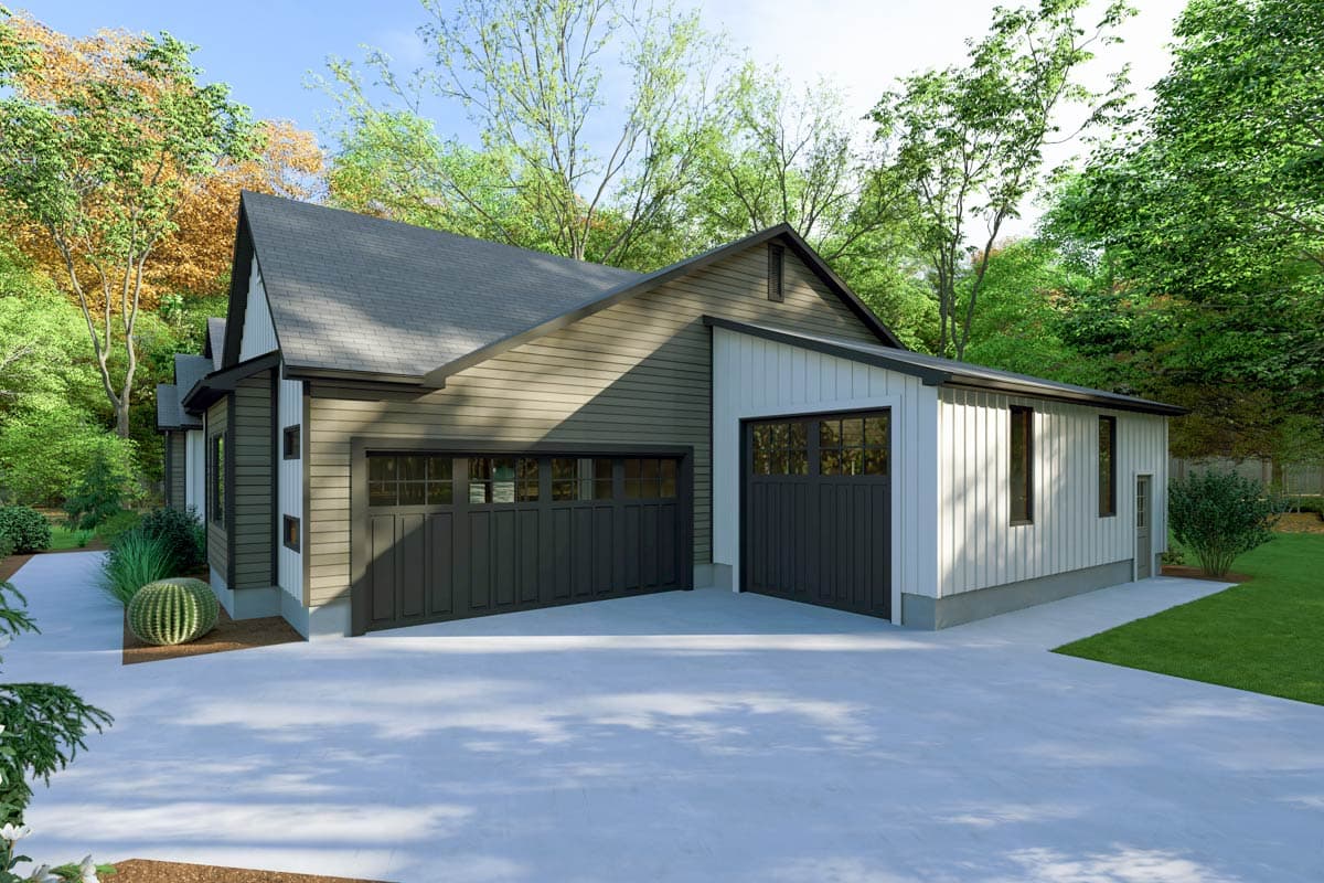 House plan exterior: Two-story Modern Farmhouse with two garage doors, horizontal siding, and gabled roofline.