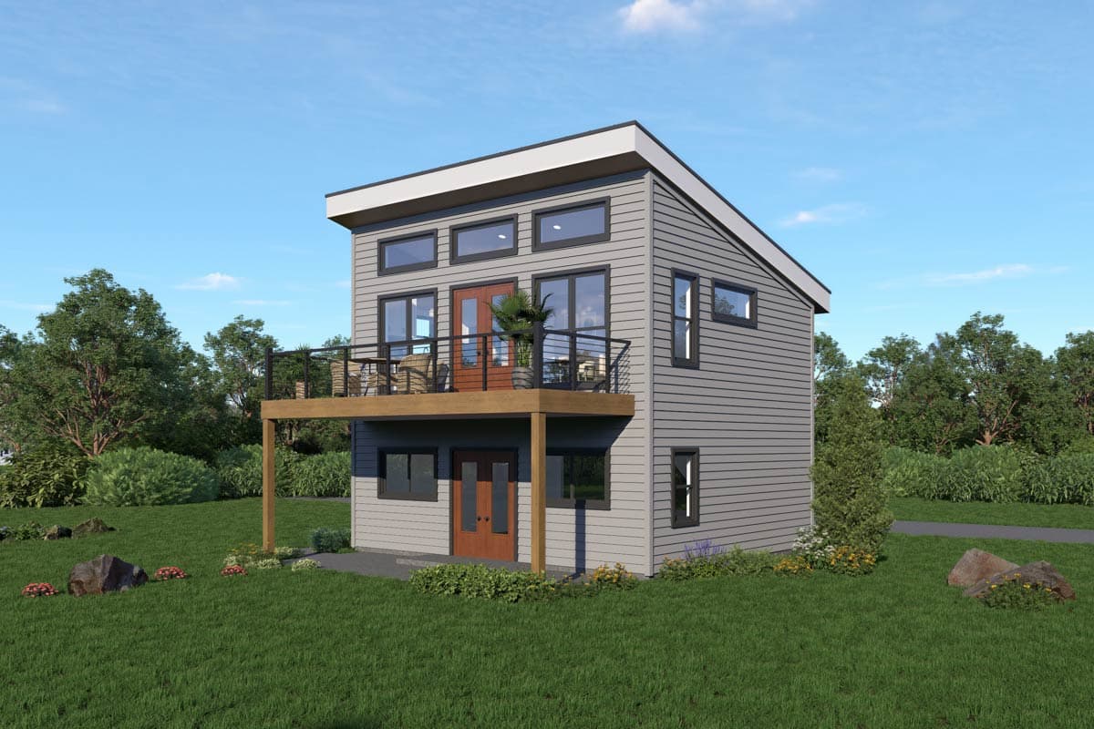 Modern two-story house plan with a cantilevered deck, horizontal siding, and a shed roofline.