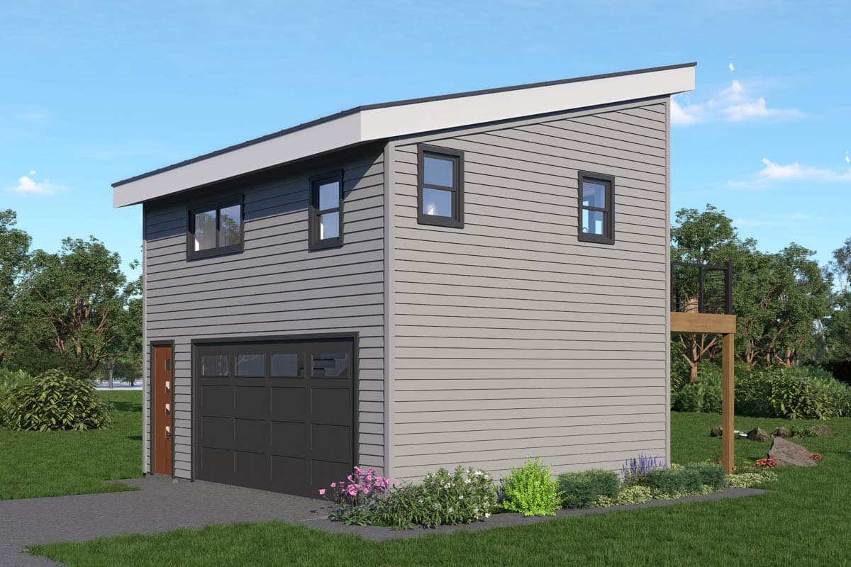 Modern house plan exterior, two stories, with a sloped roof, horizontal siding, garage door, and upper deck.