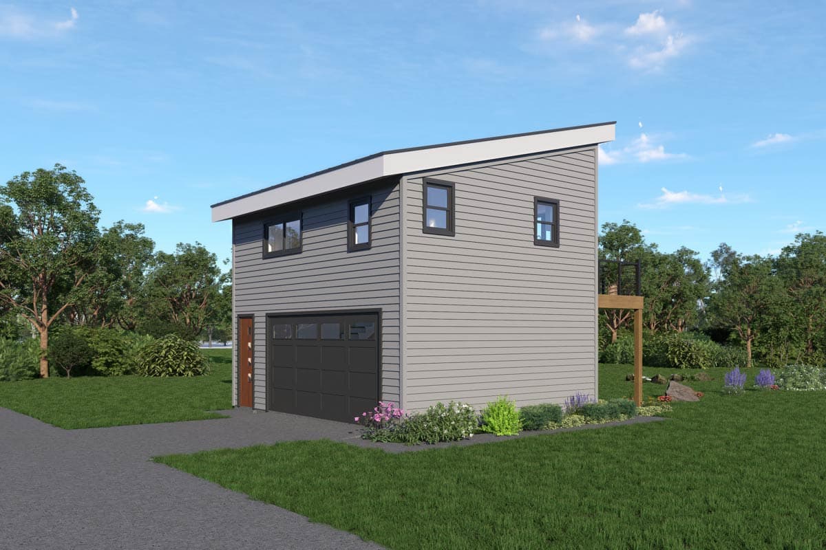 Modern two-story house plan exterior with a sloped roof, garage, multiple windows, and a side deck.