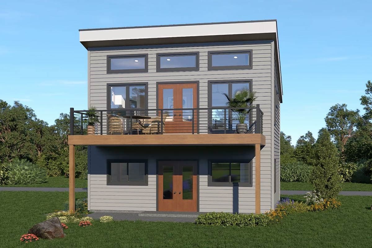 House plan exterior. Two-story modern style with horizontal siding, a balcony, and a flat roofline. Features include double doors on each level.